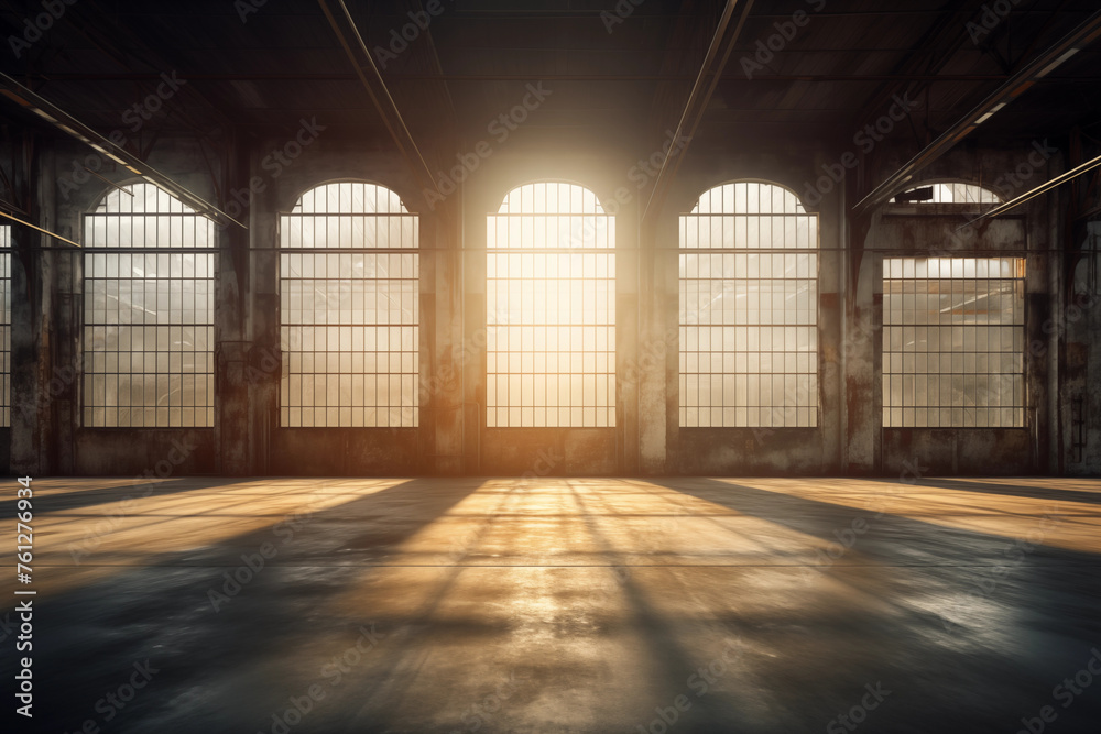 Factory with large windows and sunrise