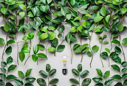 An eco-friendly concept is represented by a light bulb composed of green leaves against a white background. Concept of eco energy and environment protection. Copy space.