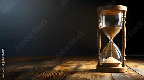 Sand running through the bulbs of an hourglass measuring the passing time in a countdown to a deadline, on a dark background with copy space
