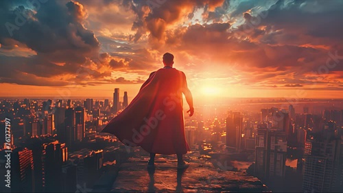 superhero businessman looking at city. Created with Generative AI. photo
