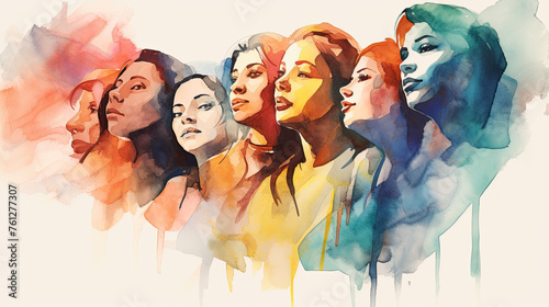 Abstract colorful art watercolor painting depicts International Women's Day, 8 March of different cultures and ethnicities together. concept of gender equality and the female empowerment movement