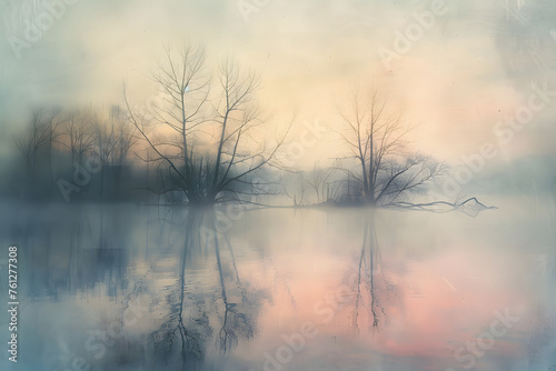 Foggy blurry misty sunset landscape of river and forest in grey and pink pastel colors. Beautiful art illustration for a poster, a music ulbums and a book covers