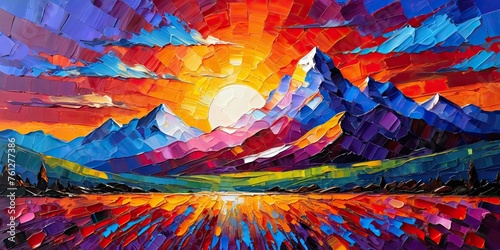 Sunrise in the mountains, oil painting, landscape wallpaper