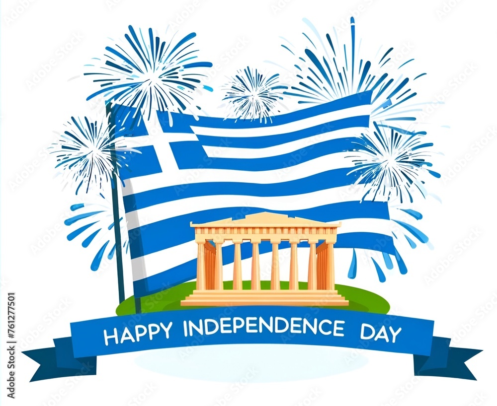 Illustration celebrating greek independence day with the ancient parthenon and a large waving greek flag.