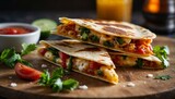 A delectable serving of quesadilla slices filled with cheese and vegetables, accompanied by salsa and a refreshing drink