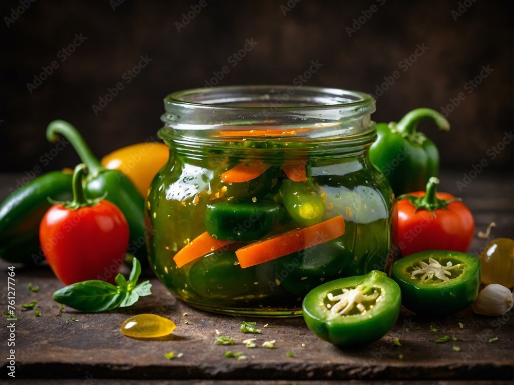 A rustic scene featuring a clear glass jar of pickled vegetables amidst fresh ingredients on a wooden table A rustic scene featuring a clear glass jar of pickled vegetables amidst fresh ingredients on a wooden table