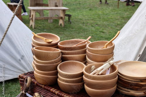 Imitations of old wooden vessels in knight camp at the festival of historical reconstruction © wjarek