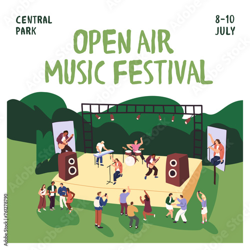 Open air music festival advertisement card. Rock band with show on stage. Crowd dances on musicians' performance outdoor. Promotion of public event, live concert in park. Flat vector illustration