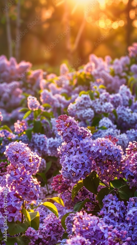 Sunlit scene overlooking the lilac plantation with many lilac blooms, bright rich color, professional nature photo Sunlit scene overlooking the lilac plantation with many lilac blooms, bright rich color, professional nature photo