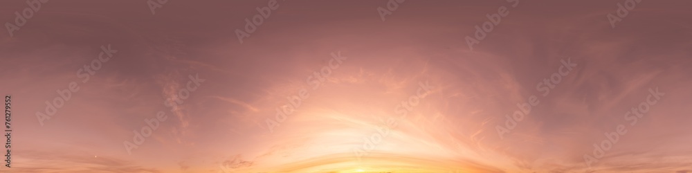 360 panorama of glowing sunset sky with bright Cirrus clouds. Seamless hdr spherical 360 panorama. Sky dome in 3D visualization, sky replacement for aerial drone panoramas. Weather and climate change. 360 panorama of glowing sunset sky with bright Cirrus clouds. Seamless hdr spherical 360 panorama. Sky dome in 3D visualization, sky replacement for aerial drone panoramas. Weather and climate change.