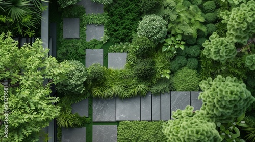 A striking, monochromatic garden design with contrasting textures and shades of green, evoking a sense of harmony.