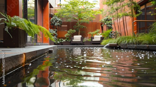 A tranquil water feature, its ripples reflecting the surrounding architectural elements and carefully curated plants.