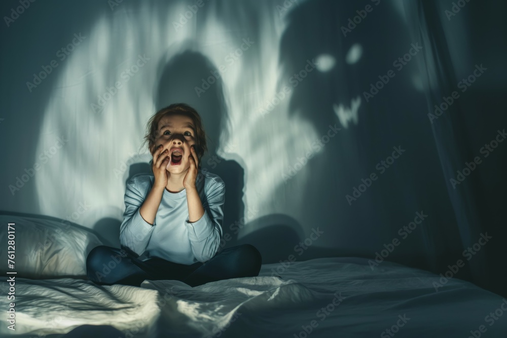 Little girl witnessing a hand shadow on wall Little girl witnessing a hand shadow on wall