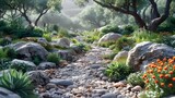ultra-realistic image of a Western-style rock garden, with rugged boulders, meandering pathways, and delicate succulents, capturing the essence of tranquility in 16k high resolution.
