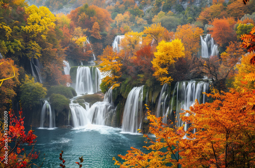 A panoramic view a national park  showing the colorful autumn foliage and waterfalls cascading into turquoise waters