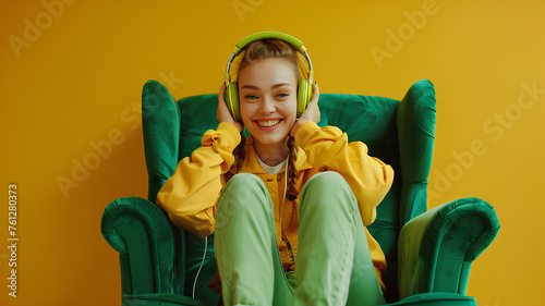 Joyful Woman with Headphones in Vibrant Setting
. A delighted young woman enjoys her music, wearing bright green headphones, sitting in a striking emerald green armchair against a vivid yellow backgro