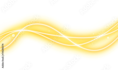 Gold neon light waves on transparent background. Abstract yellow swish motion design element.