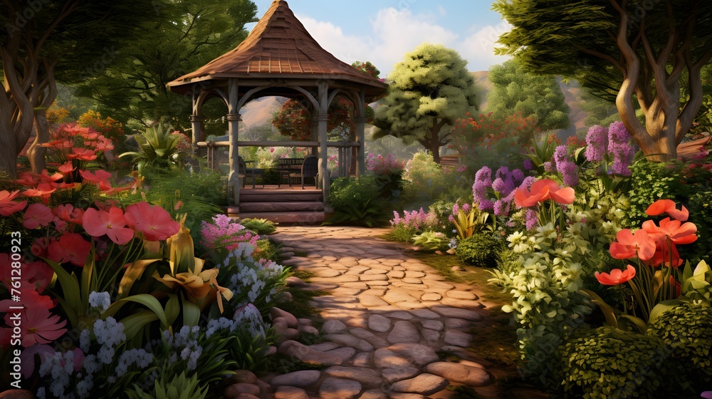 Western-style garden, with rustic pathways, blooming flower beds, and a charming gazebo, all captured in ultra-realistic 16k resolution.