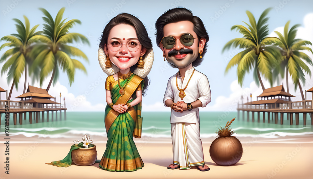 South Indian Couple's Beach Day in 3D Caricature, Cultural Bliss on the Beach: South Indian Couple in Wide-Format Illustration,  South Indian Couple's Beach Vacation in Digital Art