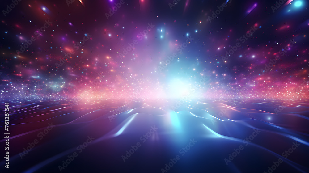 Abstract background with bokeh lights and rays of light in purple, blue, pink colors. Background design for presentation, banner or poster