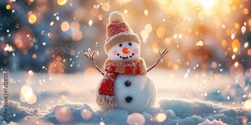 Winter holiday christmas background banner. Closeup of cute funny laughing snowman with wool hat and scarf, on snowy snow snowscape with bokeh lights, illuminated by the sun. Generative AI © Suresh Picture