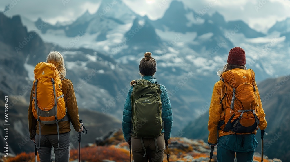 Group of friends on an adventure, hiking with backpacks in the ...