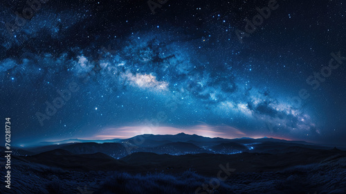 Amazing Panorama blue night sky milky way and star on dark background.Universe filled with stars, nebula and galaxy with noise and grain.Photo by long exposure and select white balance.selection focus