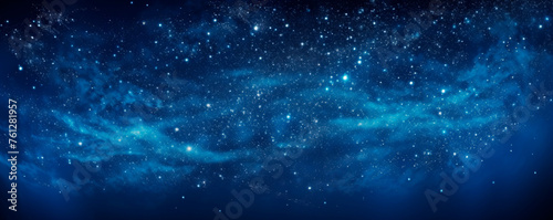 A stunning view of a midnight blue sky adorned with twinkling stars and delicate wisps of clouds drifting gracefully across the heavens. Space exploration. Milky Way. Banner. Copy space
