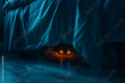 Mysterious cat eyes glowing under bed