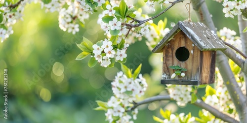 wooden birdhouse hanging on the tree, white flowers, spring background © MdBaki