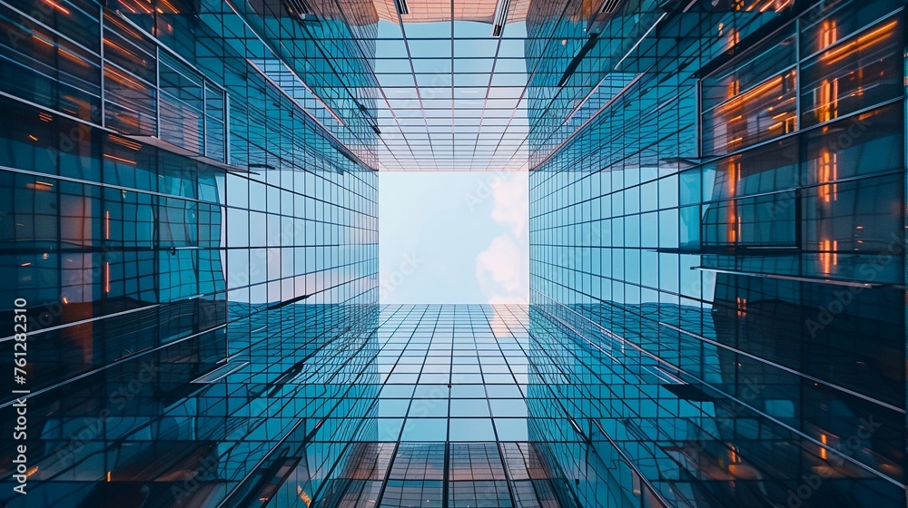 Worm's Eye View of Modern Office Building: Urban City Architecture Perspective Worm's Eye View of Modern Office Building: Urban City Architecture Perspective