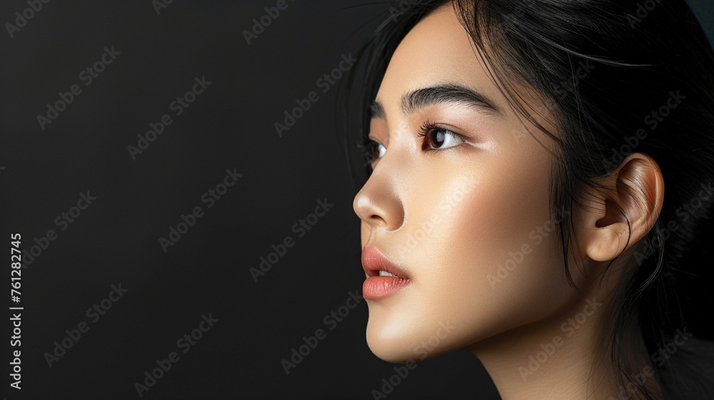 Stylish Asian Woman: Portrait Profile View in Elegant Black Attire Stylish Asian Woman: Portrait Profile View in Elegant Black Attire