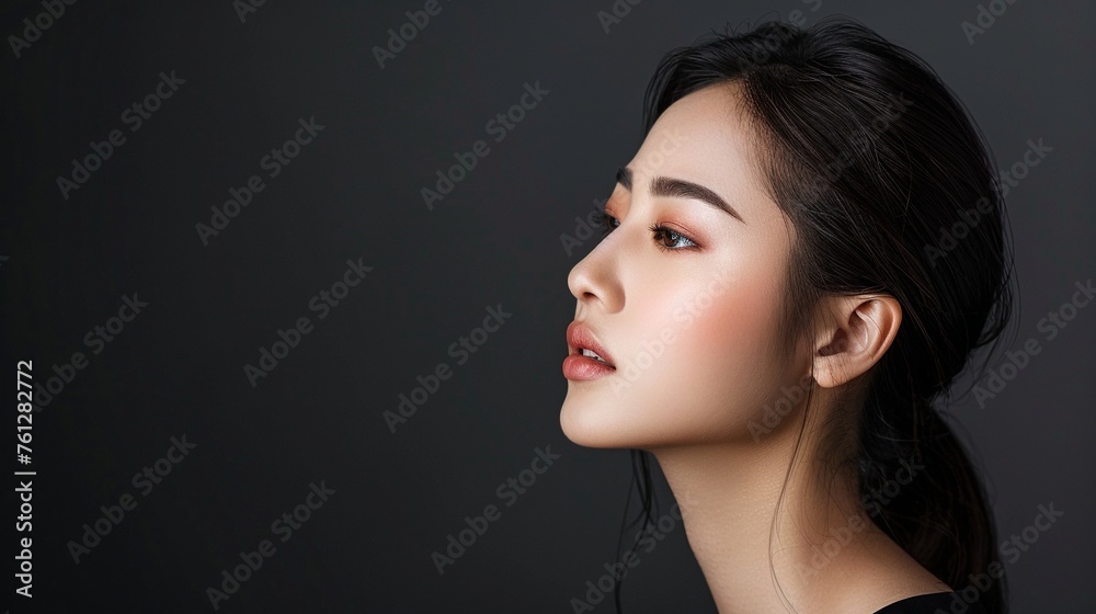 Stylish Asian Woman: Portrait Profile View in Elegant Black Attire Stylish Asian Woman: Portrait Profile View in Elegant Black Attire