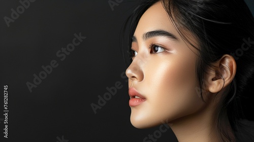 Stylish Asian Woman: Portrait Profile View in Elegant Black Attire