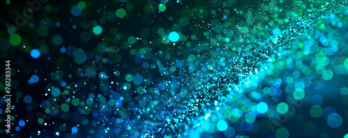 A mesmerizing blend of blues and greens fills the background, with bubbles floating delicately throughout. Banner. Copy space
