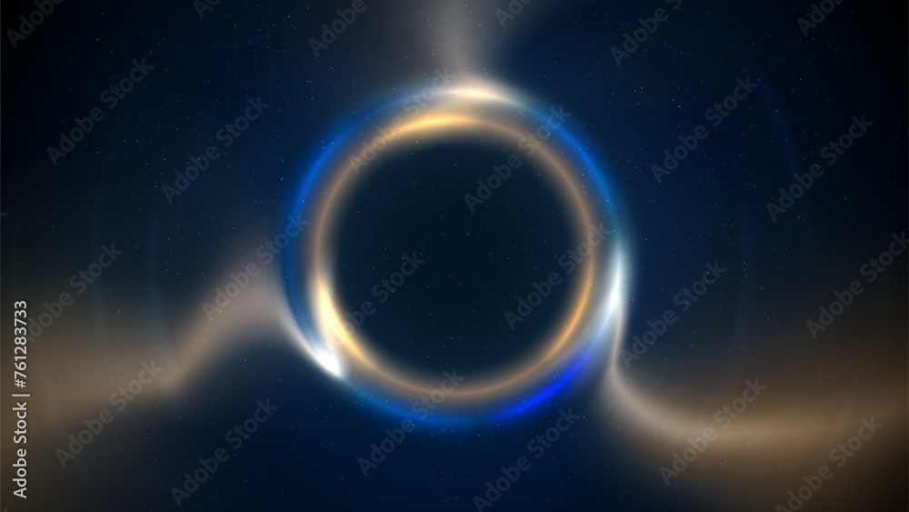 Golden blue circular light frame on dark background. Shining light ring. Glowing gold circle. Stage backdrop. Abstract background for displaying products, text, copy paste. Vector illustration Golden blue circular light frame on dark background. Shining light ring. Glowing gold circle. Stage backdrop. Abstract background for displaying products, text, copy paste. Vector illustration