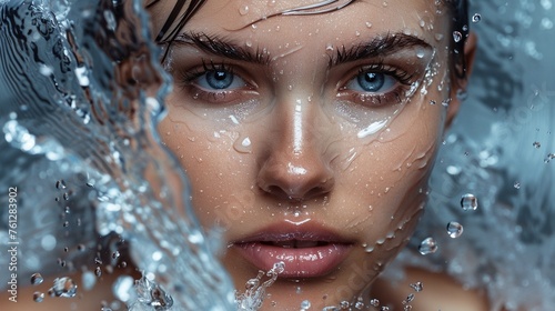 Refreshing Water Splash Close-Up: Woman's Face in Extreme Close-Up