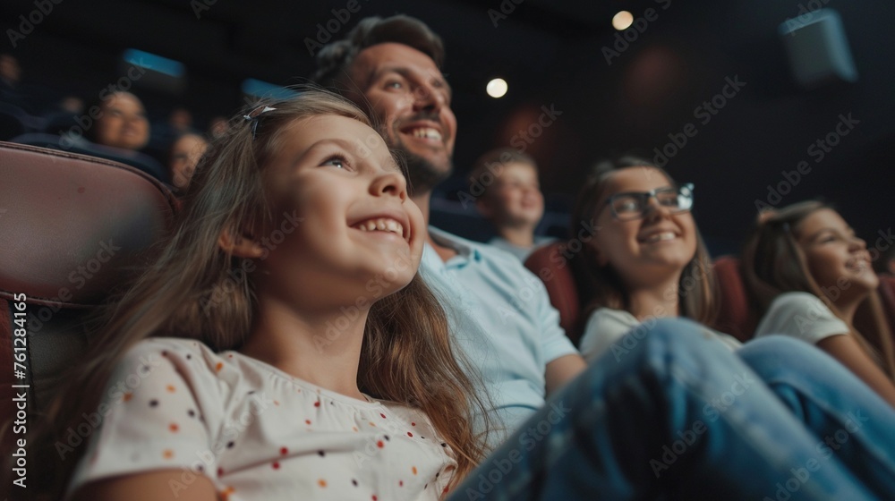 Fototapeta premium Young Smiling Family Enjoying Movie Theater Together: Fun, Laughter, and Happiness