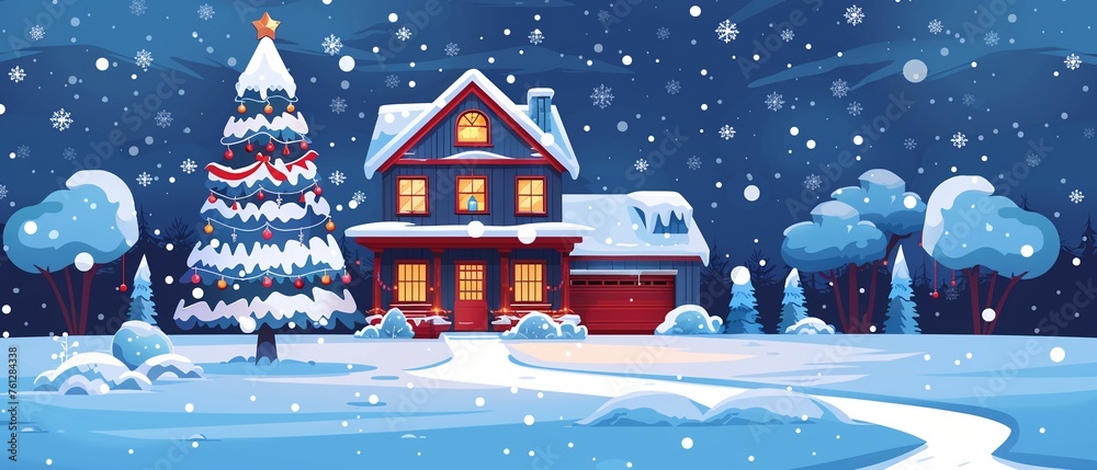 Beautiful House Decorated with Christmas Tree: Joyful Festive Background