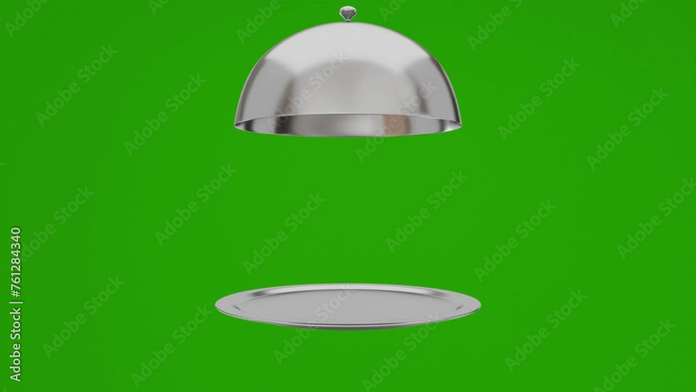 silver restaurant cloche tray lid food cover dish open and close 3d render animation loop on green screen