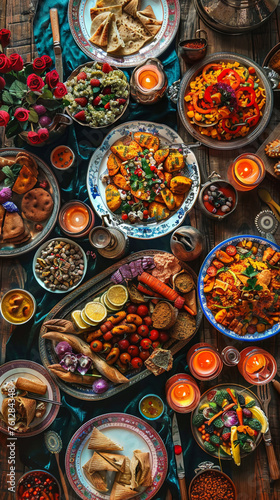 Traditional Ramadan feast overhead shot