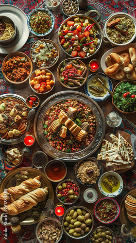 Traditional Ramadan feast overhead shot