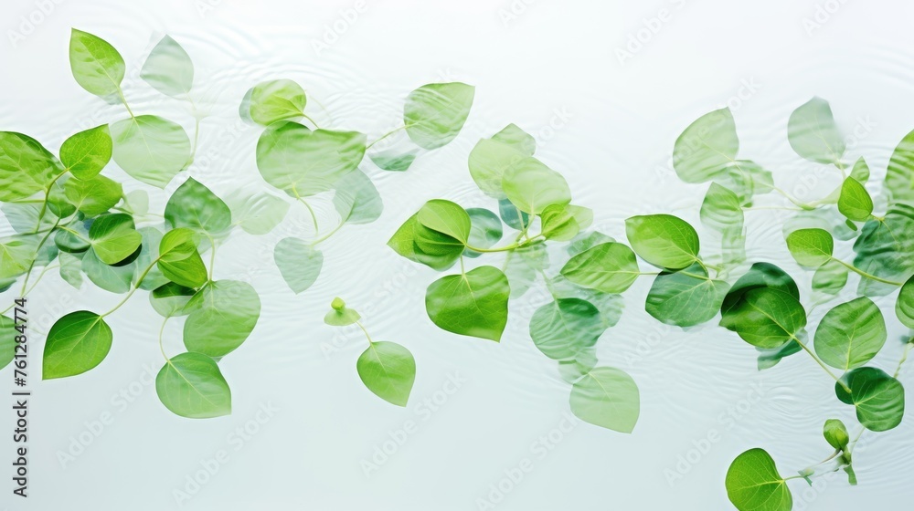 Green leaves on the surface of the water. Beautiful background with water ripples for product presentation. Summer refreshing background.