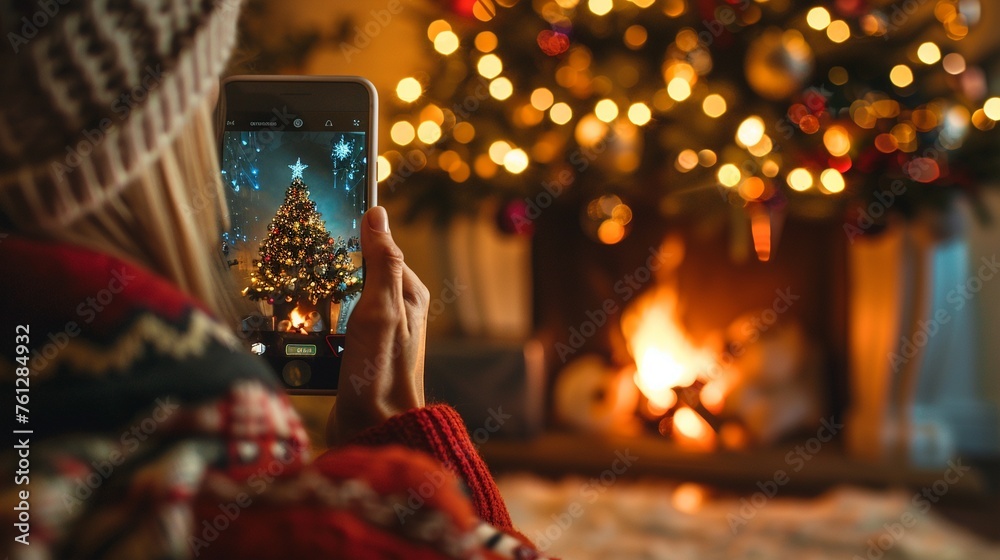 Joyful Woman Capturing Christmas Decor: Festive Cheer at Home