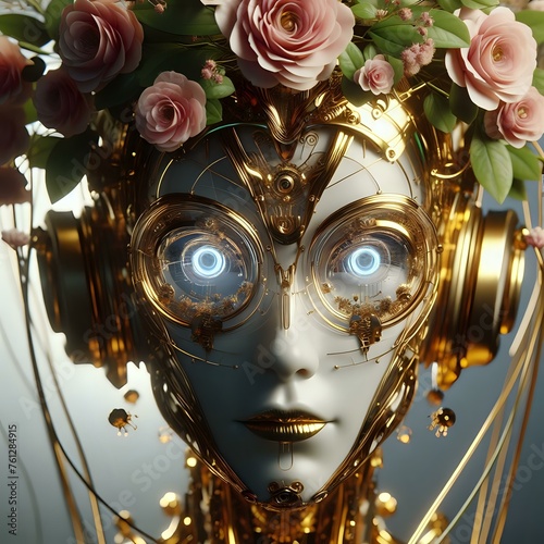 Futuristic Elegance. Cyborg AI Girl in a Fashionable Flower Garden