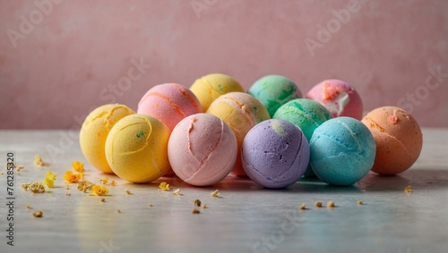 An assortment of vibrant, multi-colored bath bombs displayed with scattered flower petals on a wooden surface photo