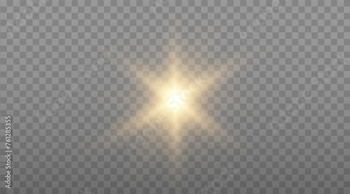 Vector sun with rays and glow on transparent like background. Includes clipping mask. Vector yellow sun with light effects. 