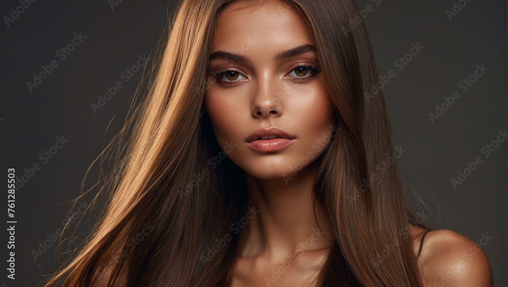 Mesmerizing close-up portrait of a woman with flawless complexion and long hair - obrazy, fototapety, plakaty 