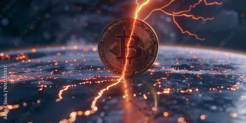 Electrifying moment of a Bitcoin coin amidst a storm, representing the BTC halving event in the digital currency world - obrazy, fototapety, plakaty 
