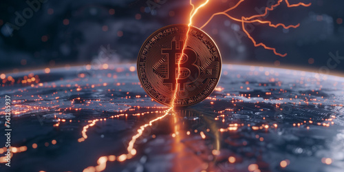 Electrifying moment of a Bitcoin coin amidst a storm, representing the BTC halving event in the digital currency world #761285937